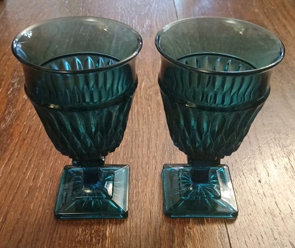Vtg Lot set 2 Indiana Glass Mt. Vernon Riviera Blue 6" Square Base Wine Goblet
